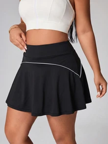 SHEIN Sports تنورة سكورت سوداء مطبوعة بنقاط بيضاء عاكسة للضوء، مناسبة للمقاسات الكبيرة، متعددة الاستخدامات، مع جيوب مخفية لتنحيف الشكل - الأسود - مشاهدة 3