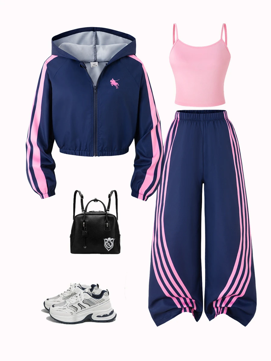 SHEIN 3件組女孩大童甜酷學院風連帽外套＋細肩帶背心＋寬腿褲套裝，日常上學與外出穿搭 - 寶藍色 - 查看 1