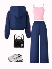 SHEIN 3件組女孩大童甜酷學院風連帽外套＋細肩帶背心＋寬腿褲套裝，日常上學與外出穿搭 - 寶藍色 - 查看 2