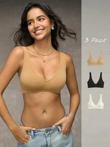 Snug Zone 3pcs Solid Ribbed Knit Bralette - Multicolor - View 6