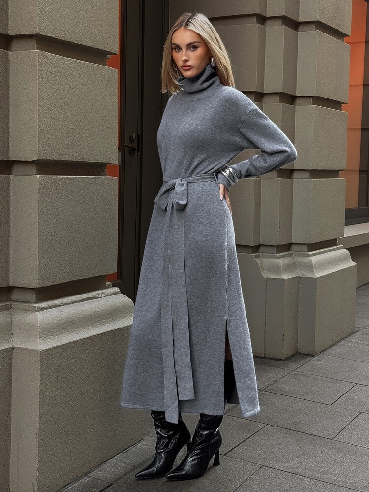 Aloruh Women's Autumn/Winter Casual Solid Color High Neck Belted Knit Dress,New Fall Styles - Dark Grey - View 7