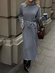 Aloruh 女款秋冬休閒純色高領繫帶針織洋裝，新款秋季款式 - 深灰色 - 查看 8