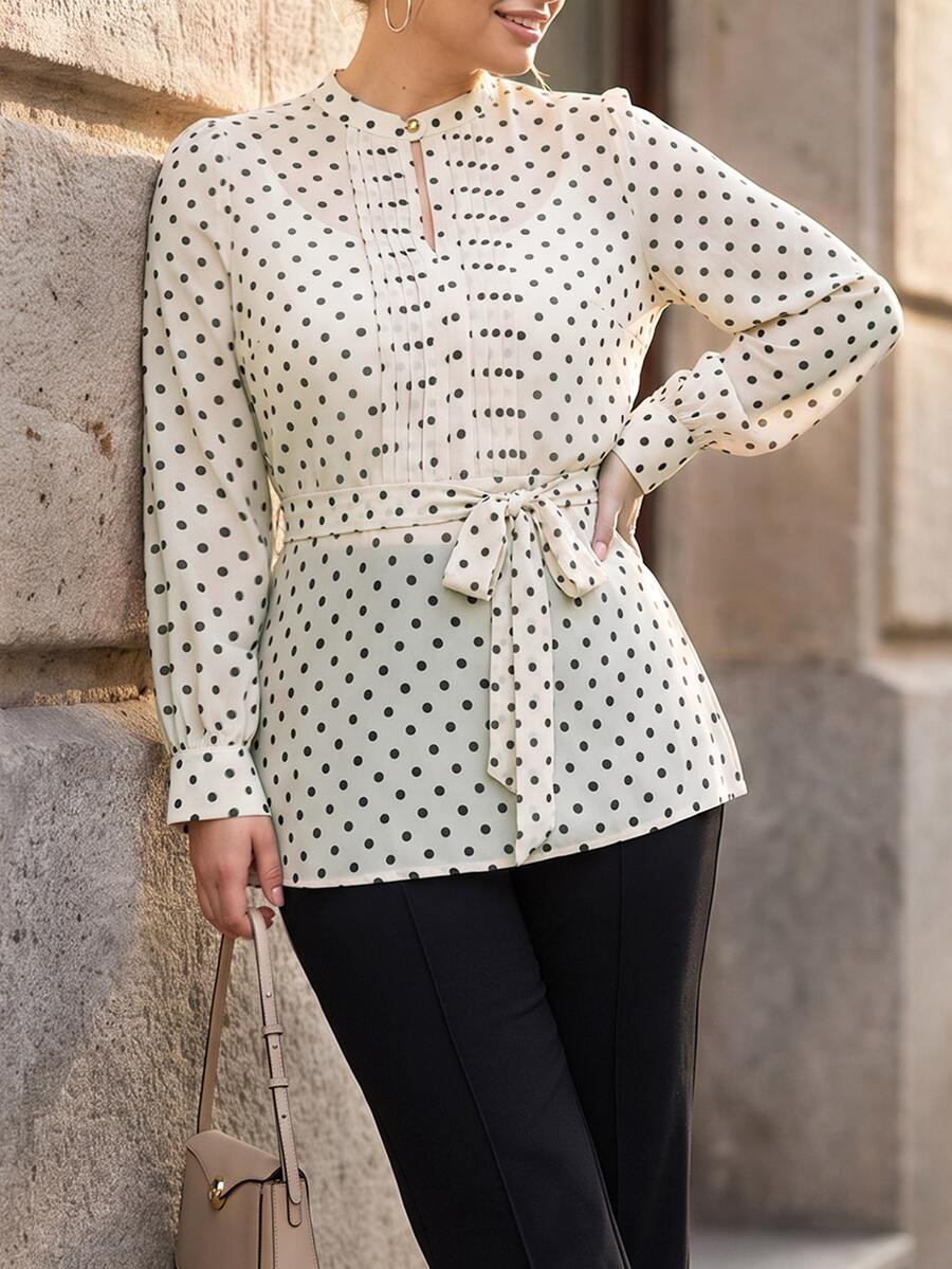 Chikora Plus Size French Polka Dot Print Pleated Long Sleeve Blouse - Multicolor - View 1