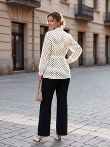 Chikora Plus Size French Polka Dot Print Pleated Long Sleeve Blouse - Multicolor - View 2