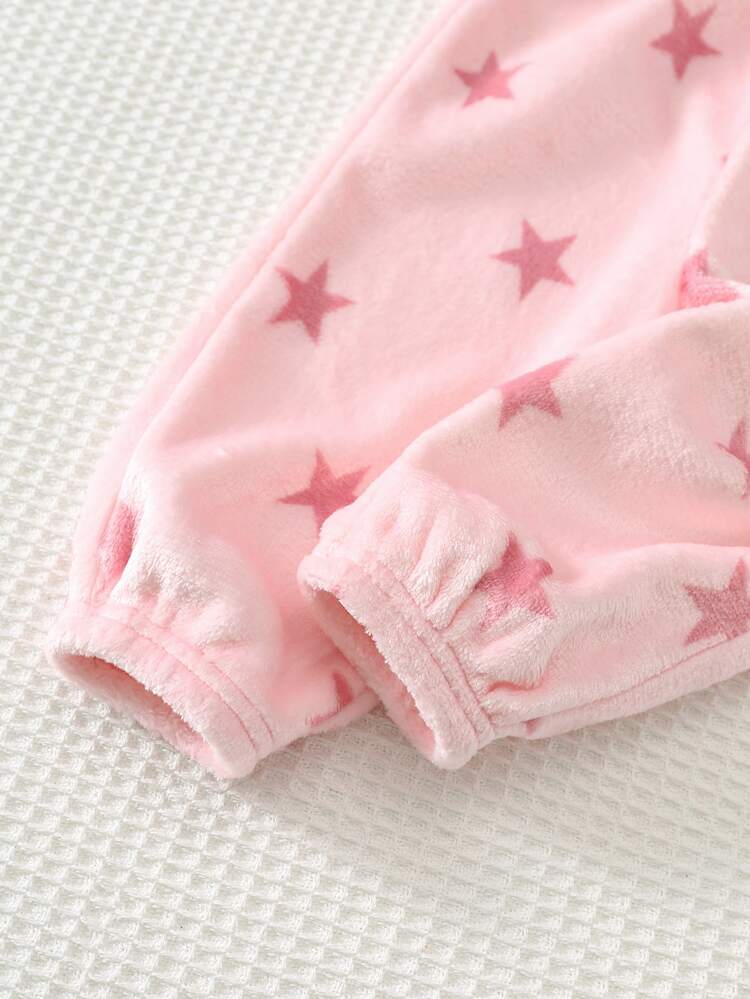 Cozy Pixies Baby Girls Pajamas Cute Autumn/Winter Fluffy Cartoon Bear Patchwork Bow Pattern Long Sleeve Top And Pants Star Print Loungewear Set Adorable Childlike Comfortable - Pink - View 6