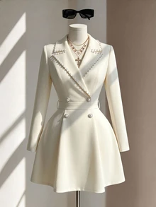 Fine & Folde Women's Elegant Blazer Collar Faux Pearl Decor Cinched Waist A-Line Long Sleeve Dress For Evening Party - Apricot - View 1