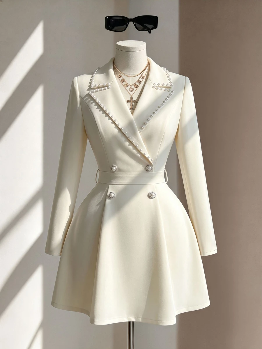 Fine & Folde Women's Elegant Blazer Collar Faux Pearl Decor Cinched Waist A-Line Long Sleeve Dress For Evening Party - Apricot - View 1