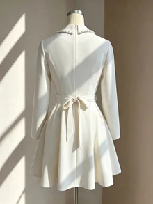 Fine & Folde Women's Elegant Blazer Collar Faux Pearl Decor Cinched Waist A-Line Long Sleeve Dress For Evening Party - Apricot - View 3