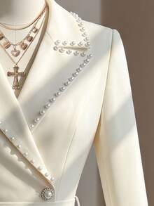 Fine & Folde Women's Elegant Blazer Collar Faux Pearl Decor Cinched Waist A-Line Long Sleeve Dress For Evening Party - Apricot - View 2