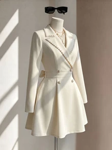 Fine & Folde Women's Elegant Blazer Collar Faux Pearl Decor Cinched Waist A-Line Long Sleeve Dress For Evening Party - Apricot - View 5