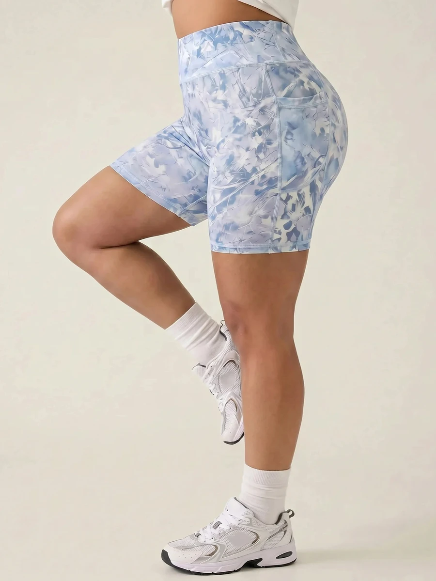 SHEIN Rhythm Era Plus Size Casual Shorts With Light Blue Graffiti Print, Flattering Pockets, Base Layer Gym Sports Summer - Multicolor - View 1