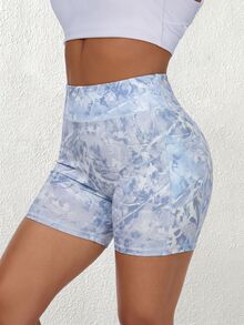 SHEIN Rhythm Era Plus Size Casual Shorts With Light Blue Graffiti Print, Flattering Pockets, Base Layer Gym Sports Summer - Multicolor - View 4