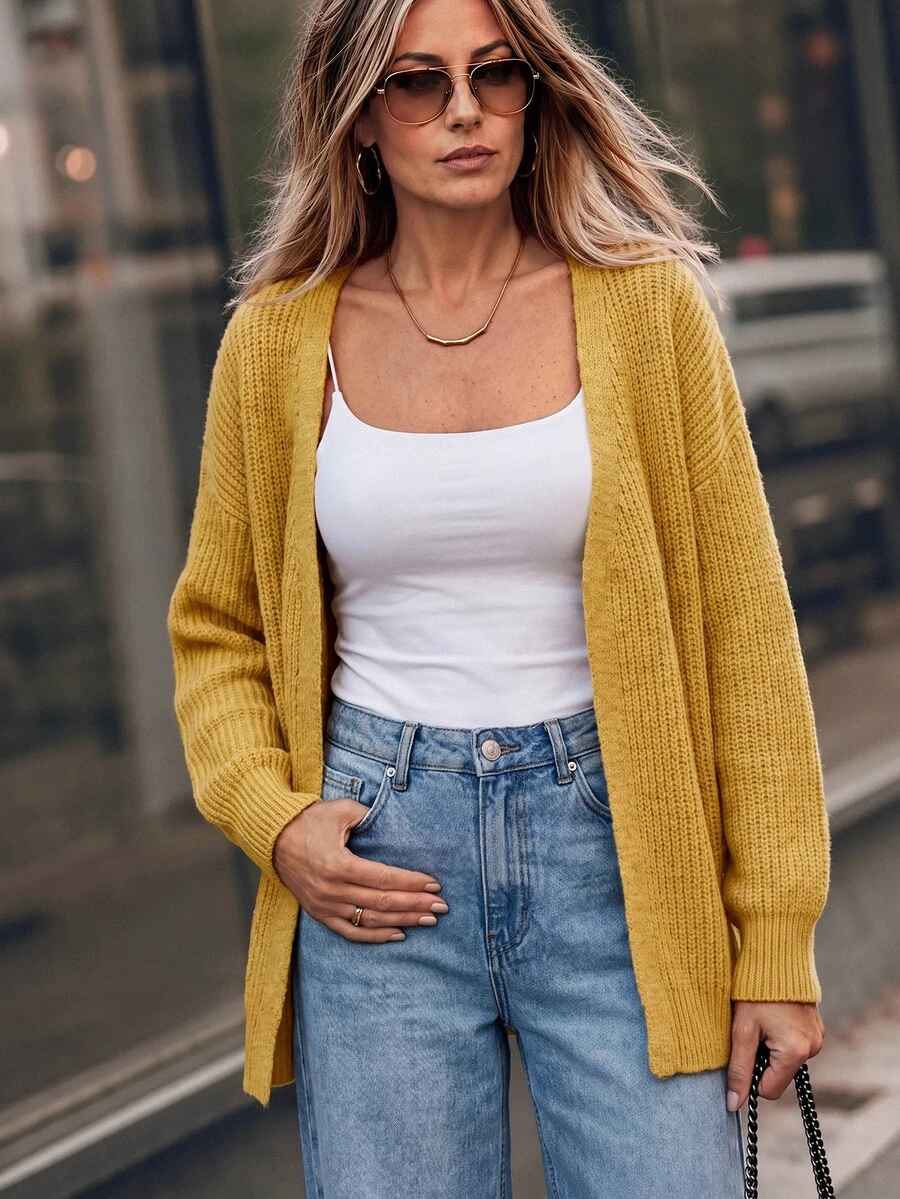 Balvessa Autumn/Winter Casual Versatile Solid Color Cardigan - Light Yellow - View 1