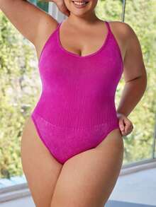 SHEIN Rhythm Era Plus Size Women Seamless Suede Jumpsuit - Hot Pink - View 6