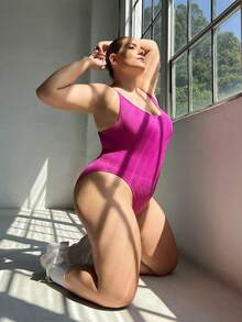 SHEIN Rhythm Era Plus Size Women Seamless Suede Jumpsuit - Hot Pink - View 5
