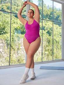 SHEIN Rhythm Era Plus Size Women Seamless Suede Jumpsuit - Hot Pink - View 7