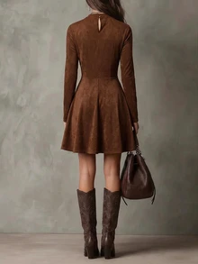 SHEIN Women's Fashionable Vintage Brown Waist-Cinching Dress - Rust Brown - View 2