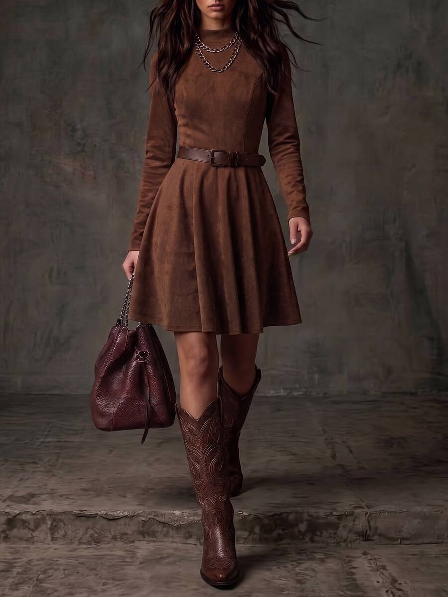 SHEIN Women's Fashionable Vintage Brown Waist-Cinching Dress - Rust Brown - View 1