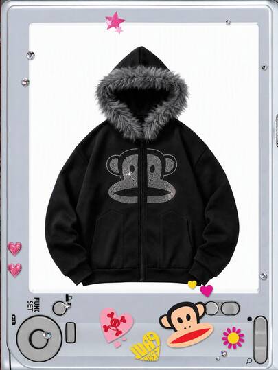 Paul Frank X ROMWE Herren Mode Pailletten Tasche Reißverschluss Kapuzenpullover Sweatshirt