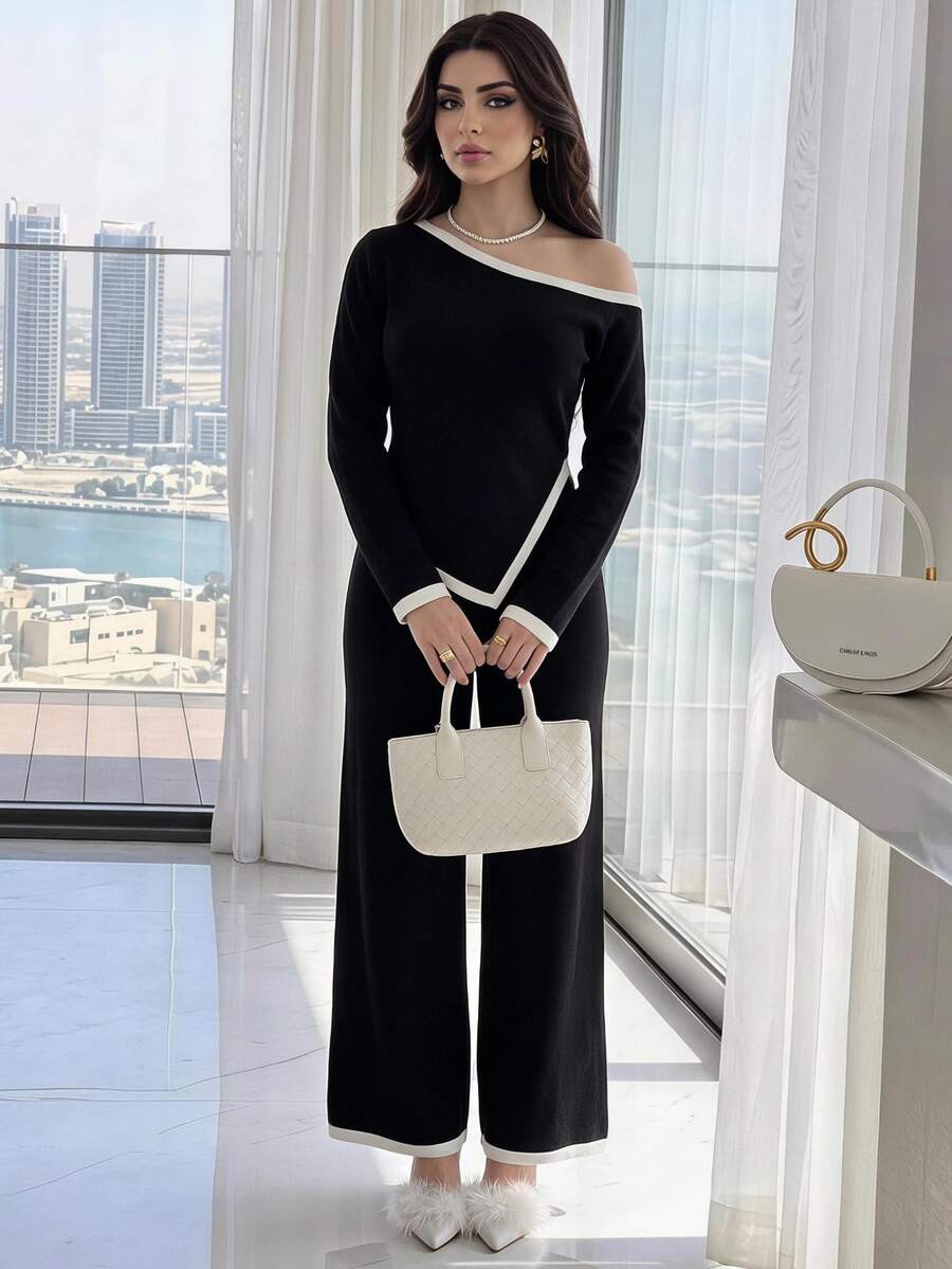 Feyla Women's Contrast Color Asymmetric Shoulder Top And Long Pants Casual Daily Knit 2 Pieces Set - Black and White - View 1