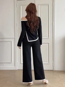 Feyla Women's Contrast Color Asymmetric Shoulder Top And Long Pants Casual Daily Knit 2 Pieces Set - Black and White - View 2