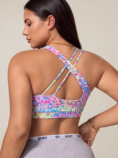 SHEIN Rhythm Era Plus Size Women Asymmetric Criss-Cross Back Ombre Light Blue Print Sports Bra For Outdoor Gym Sports Workout Summer