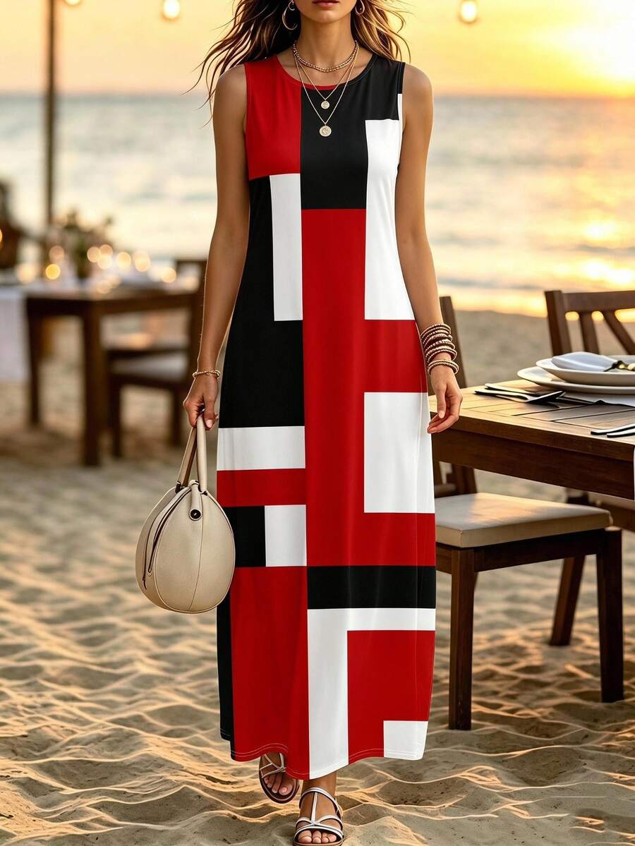 EMERY ROSE Casual Simple Color Block Pattern Dress For Women, Suitable For Summer,Bohemian Clothes Chic Dress,Casual