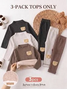 Cozy Pixies مجموعة 3 قطع من قمصان علوية للأطفال الذكور، ملونة بخطوط & ألوان سادة، محبوكة مع رقعة دب، ناعمة، بياقة طاقم & ياقة وهمية، أكمام طويلة، قمصان علوية بدون أزرار - متعدد الألوان - مشاهدة 8