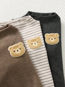 Cozy Pixies مجموعة 3 قطع من قمصان علوية للأطفال الذكور، ملونة بخطوط & ألوان سادة، محبوكة مع رقعة دب، ناعمة، بياقة طاقم & ياقة وهمية، أكمام طويلة، قمصان علوية بدون أزرار - متعدد الألوان - مشاهدة 5