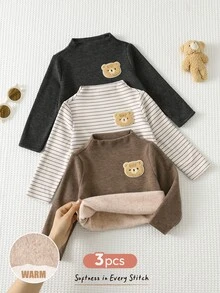 Cozy Pixies مجموعة 3 قطع من قمصان علوية للأطفال الذكور، ملونة بخطوط & ألوان سادة، محبوكة مع رقعة دب، ناعمة، بياقة طاقم & ياقة وهمية، أكمام طويلة، قمصان علوية بدون أزرار - متعدد الألوان - مشاهدة 2