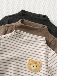 Cozy Pixies مجموعة 3 قطع من قمصان علوية للأطفال الذكور، ملونة بخطوط & ألوان سادة، محبوكة مع رقعة دب، ناعمة، بياقة طاقم & ياقة وهمية، أكمام طويلة، قمصان علوية بدون أزرار - متعدد الألوان - مشاهدة 4
