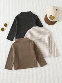 Cozy Pixies مجموعة 3 قطع من قمصان علوية للأطفال الذكور، ملونة بخطوط & ألوان سادة، محبوكة مع رقعة دب، ناعمة، بياقة طاقم & ياقة وهمية، أكمام طويلة، قمصان علوية بدون أزرار - متعدد الألوان - مشاهدة 3