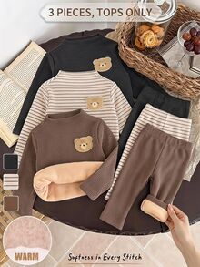 Cozy Pixies مجموعة 3 قطع من قمصان علوية للأطفال الذكور، ملونة بخطوط & ألوان سادة، محبوكة مع رقعة دب، ناعمة، بياقة طاقم & ياقة وهمية، أكمام طويلة، قمصان علوية بدون أزرار - متعدد الألوان - مشاهدة 1