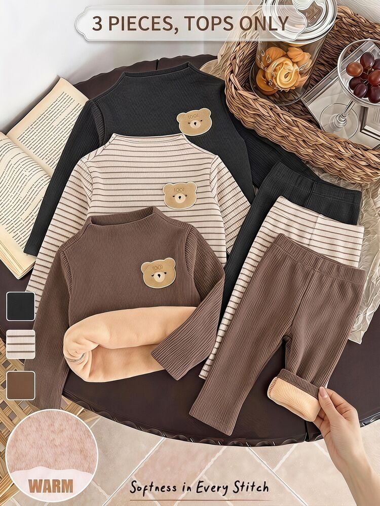 Cozy Pixies 3-pack toppar för babypojkar, färgglada randiga och enfärgade stickade tröjor med björnpatch, mjuka långärmade pullovers med rund hals och mock neck - Multifärgad - Visa 1