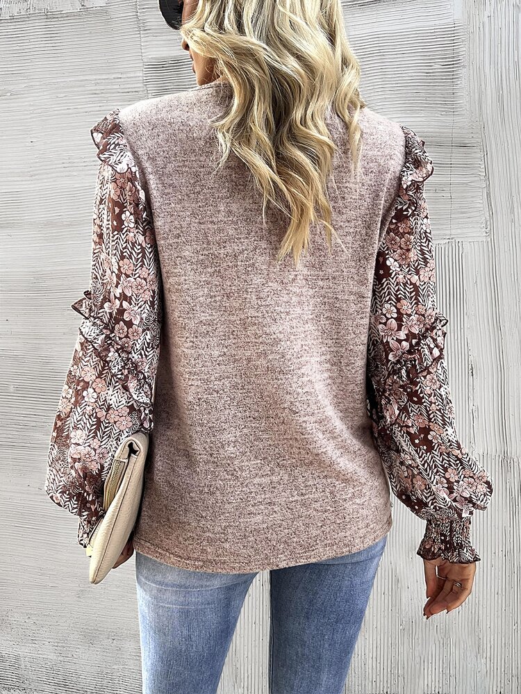SHEIN Women Crew Neck Long Sleeve Floral Print Patchwork Casual Blouse Fall Cloth For Women - Coffee Brown - View 2