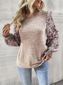 SHEIN Women Crew Neck Long Sleeve Floral Print Patchwork Casual Blouse Fall Cloth For Women - Coffee Brown - View 5