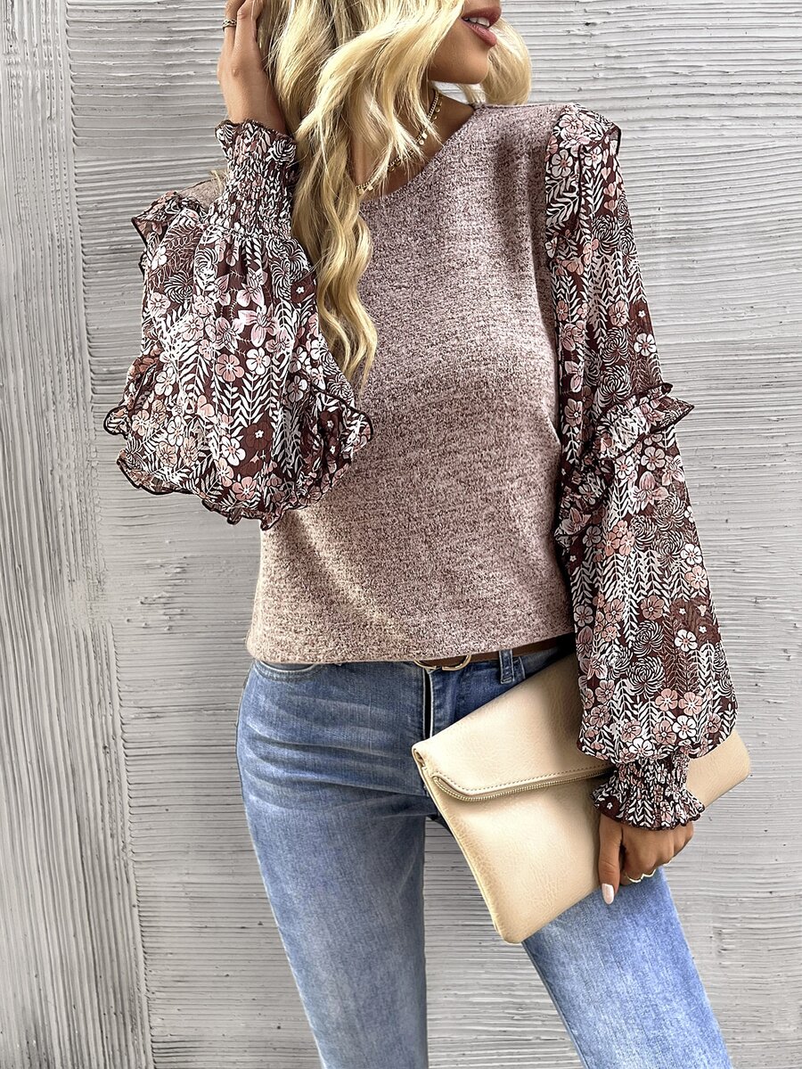 SHEIN Women Crew Neck Long Sleeve Floral Print Patchwork Casual Blouse Fall Cloth For Women - Coffee Brown - View 1