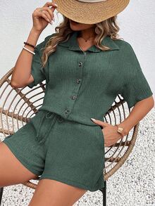 SHEIN Holidaya 2pcs/Set Women's Front Button Collar Short Sleeve Simple Blouse And Front Tie Shorts Set - Dark Green - View 4