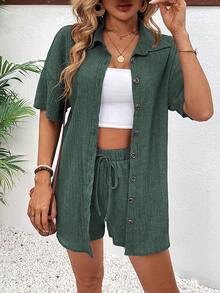 SHEIN Holidaya 2pcs/Set Women's Front Button Collar Short Sleeve Simple Blouse And Front Tie Shorts Set - Dark Green - View 6