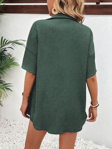 SHEIN Holidaya 2pcs/Set Women's Front Button Collar Short Sleeve Simple Blouse And Front Tie Shorts Set - Dark Green - View 2