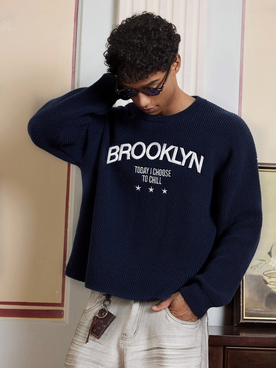 SWAVVY Men's Autumn/Winter Casual Letter Embroidered Long Sleeve Crew Neck Sweater - Navy Blue - View 1