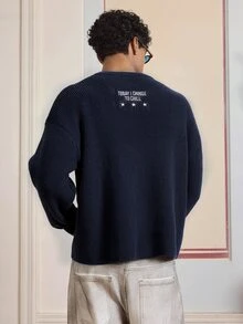 SWAVVY 男士秋冬休閒字母刺繡長袖圓領針織衫 - 藏蓝色 - 查看 2