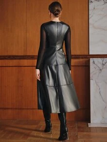 Anewsta Women's Autumn/Winter New Fashion Modern Black PU Round Neck Slim Fit Long Dress With Patchwork Sheer Mesh Sleeves, Elegant Party Dress, Casual Wear, Autumn/Winter Outfit, Birthday Party, Nightclub Party, Banquet Wear - Black - View 3