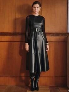 Anewsta Women's Autumn/Winter New Fashion Modern Black PU Round Neck Slim Fit Long Dress With Patchwork Sheer Mesh Sleeves, Elegant Party Dress, Casual Wear, Autumn/Winter Outfit, Birthday Party, Nightclub Party, Banquet Wear - Black - View 6