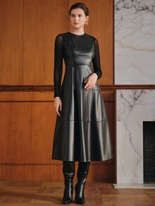 Anewsta Women's Autumn/Winter New Fashion Modern Black PU Round Neck Slim Fit Long Dress With Patchwork Sheer Mesh Sleeves, Elegant Party Dress, Casual Wear, Autumn/Winter Outfit, Birthday Party, Nightclub Party, Banquet Wear - Black - View 7