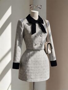 Fine & Folde Women's Colorblock Long Sleeve Top And Mini Skirt Fashion Set - Light Grey - View 5