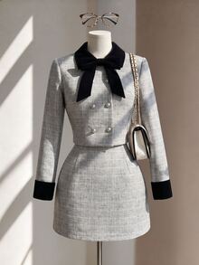 Fine & Folde Women's Colorblock Long Sleeve Top And Mini Skirt Fashion Set - Light Grey - View 1