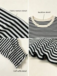 INAWLY Sweatshirt dengan Motif Garis-Garis dan Bahu Longgar - Hitam dan Putih - View 7