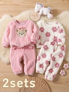 SHEIN 女嬰可愛休閒秋冬款毛茸茸卡通熊圖案家居服 4件套 - 粉色 - 查看 3