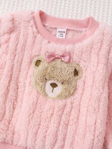 SHEIN 女嬰可愛休閒秋冬款毛茸茸卡通熊圖案家居服 4件套 - 粉色 - 查看 8